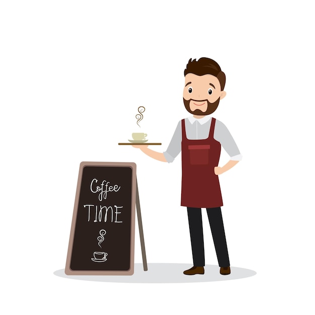 Barista o camarero de dibujos animados cerca del tablero del menú, personaje caucásico guapo en uniforme