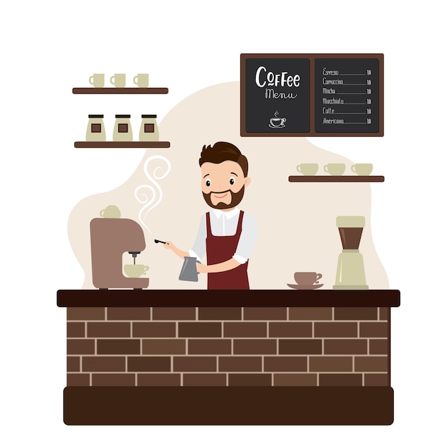 Barista o camarero de moda en el bar en el interior del café, restaurante o cafetería