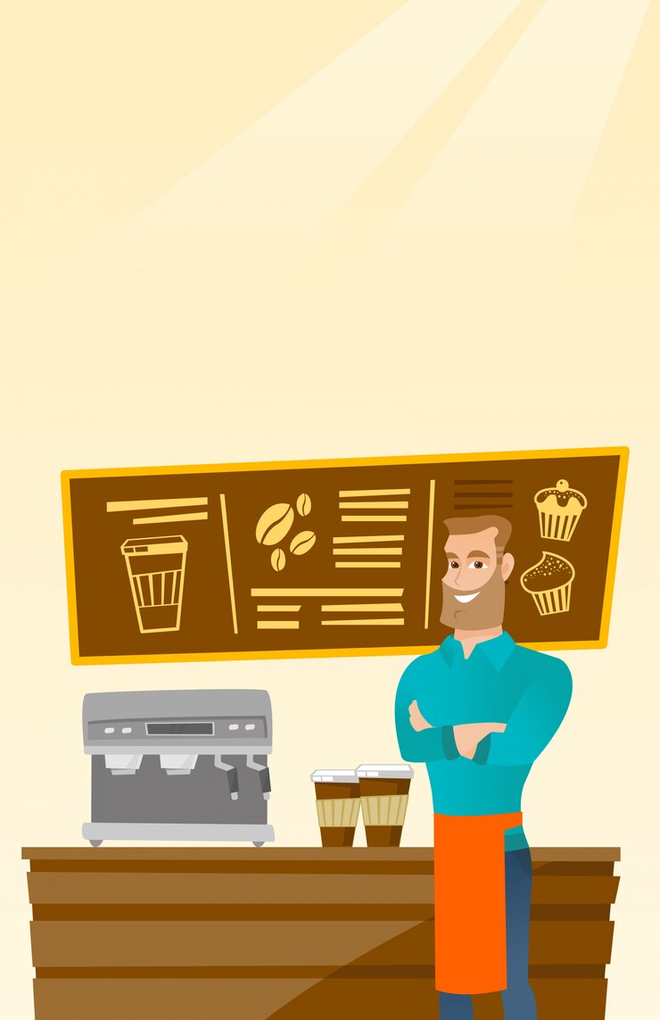 Vector barista de pie junto a la máquina de café.