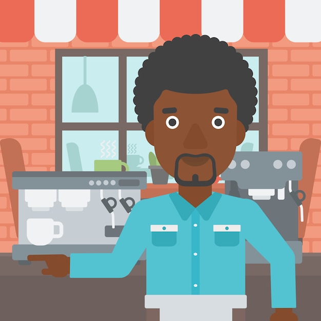 Barista de pie junto a la máquina de café.