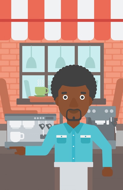 Barista de pie junto a la máquina de café.
