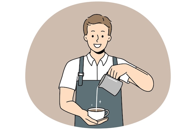 Vector un barista sonriente hace café en una taza.