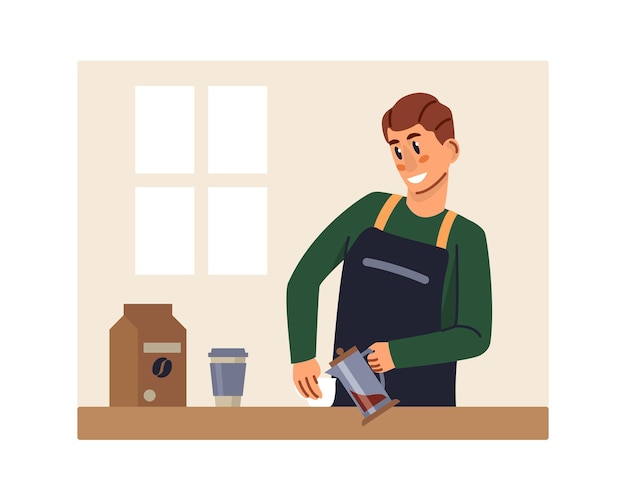 Barista en uniforme sosteniendo cafetera preparando pedido para el cliente propietarios de pequeñas empresas ocupación barista profesional preparando proceso de café vector plano ilustración