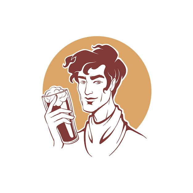 Vector barman guapo sosteniendo una ilustración de vector de taza de cerveza artesanal para su emblema de etiqueta de logotipo