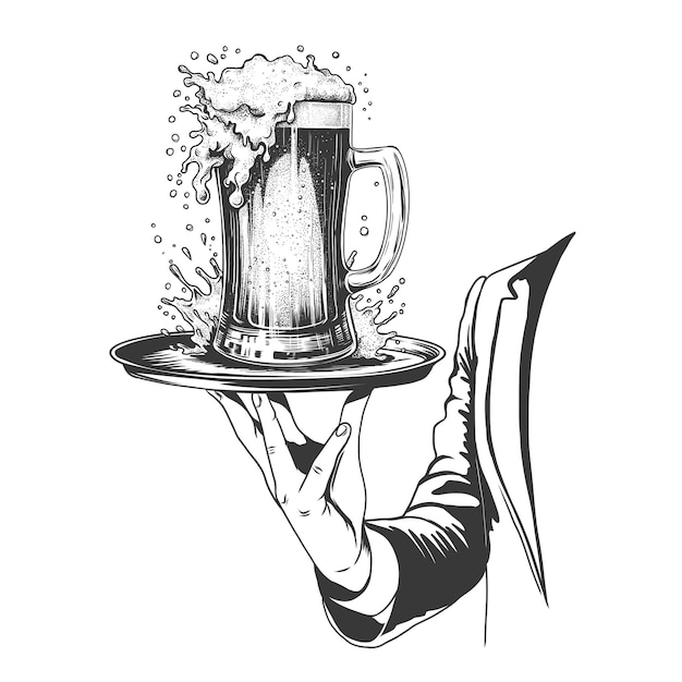 Barman con taza de cerveza en la bandeja de servicio Imitación de grabado Esbozo de tinta en blanco y negro aislado en