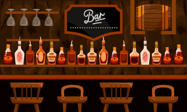 Barra de bar con bebidas alcohólicas. botellas, barril y sillas ilustración de dibujos animados plana