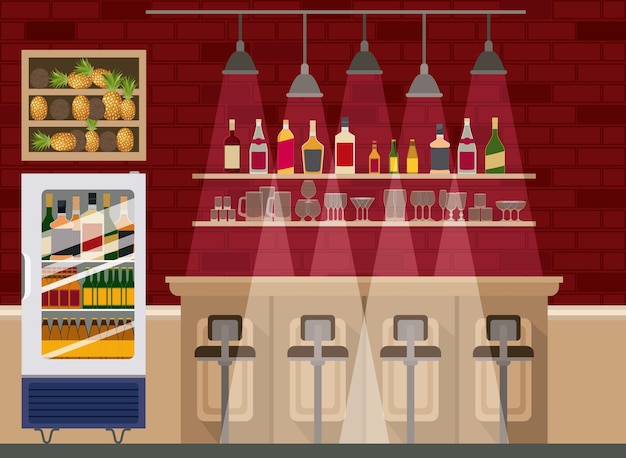 barra con botellas licor escena vector ilustración diseño
