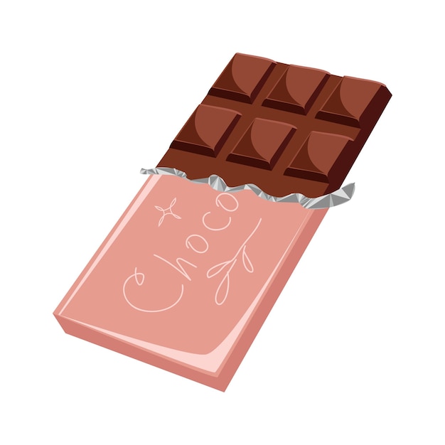 Barra de chocolate medio abierta comida dulce ilustración de dibujos animados aislado sobre fondo blanco