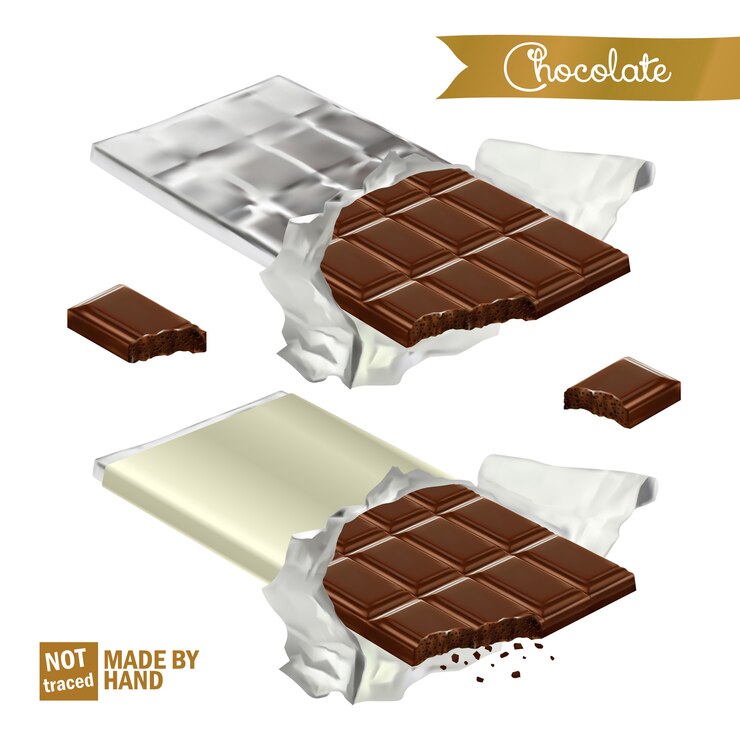 Vector barra de chocolate realista con mordisco envuelto en papel de aluminio y la cubierta de plástico. trozos de chocolate mordido.