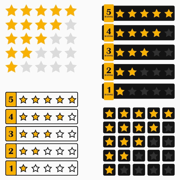 Barra de clasificación por estrellas. Conjunto de elementos para la interfaz de diseño del sitio web o aplicación. Ilustración vectorial.