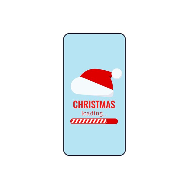 Barra de cuenta regresiva de navidad en la pantalla del teléfono mensaje de texto de carga de navidad con sombrero de papá noel y barra de chocolate esperando el relleno del progreso en la pantalla del teléfono móvil ilustración de vector de navidad de dibujos animados de diseño plano