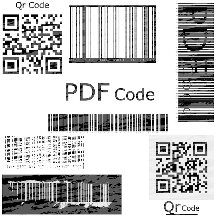 Vector barra de etiquetas de embalaje y códigos qr en pegatinas vectoriales blancas código qr de código de barras y código pdf colección de etiquetas de código de barras vectoriales