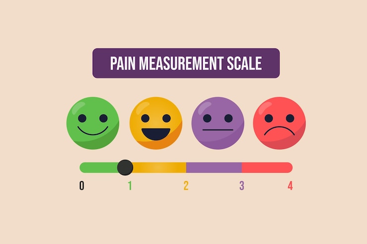 Vector la barra horizontal mide el nivel de dolor de los pacientes con escala de número concepto de medición y rendimiento ilustración vectorial plana aislada
