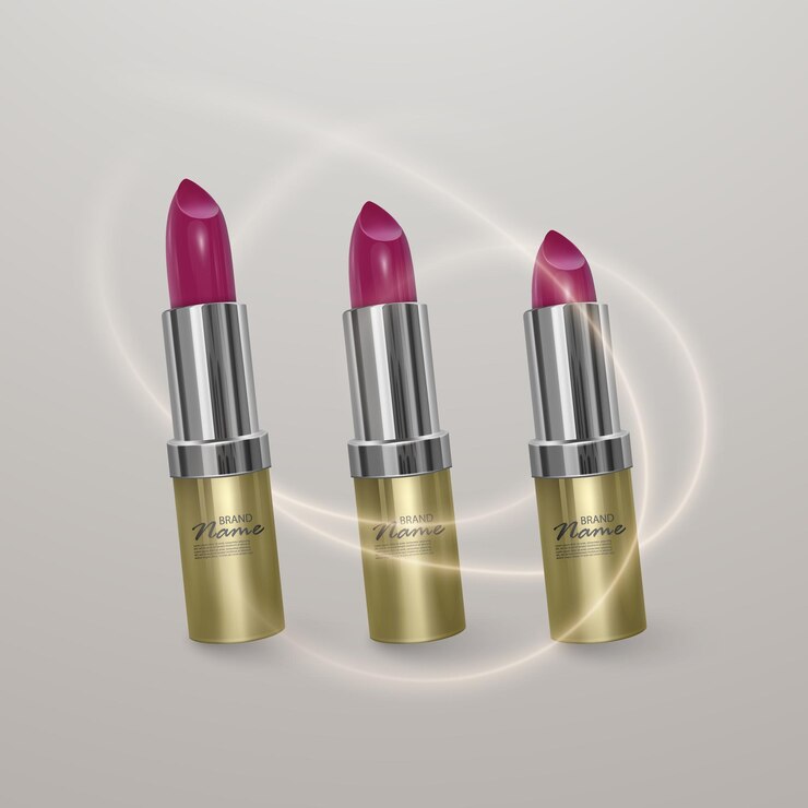 Vector barra de labios realista de color cereza brillante. ilustración 3d de color dorado, diseño cosmético de moda