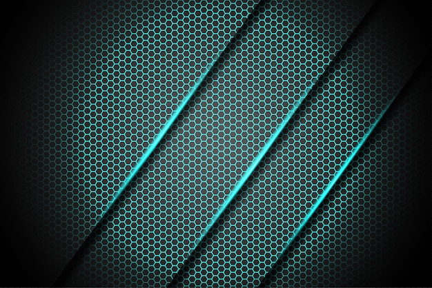 Vector barra de línea de luz verde abstracta en el patrón de malla hexagonal en fondo de diseño metálico gris oscuro