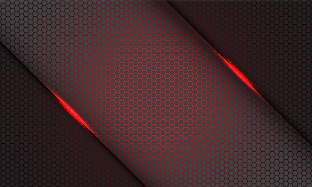 Barra de luz de patrón de malla hexagonal rojo abstracto en gris sobre fondo gris de tecnología futurista moderna