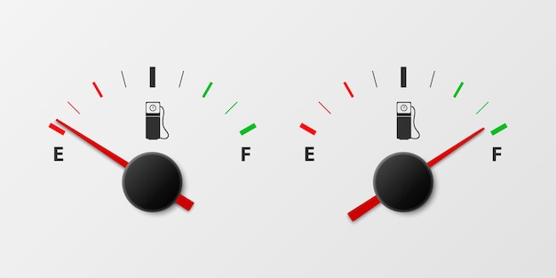 Barra de nivel de aceite del indicador del tanque de combustible de gas blanco realista vectorial 3d sobre fondo blanco detalles del tablero de instrumentos del automóvil completo y vacío plantilla de diseño del sensor del medidor de gas del indicador de combustible