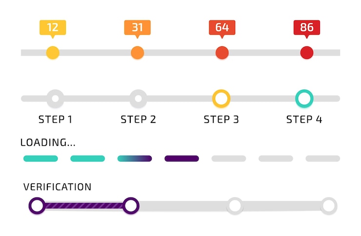 Vector barra de progreso diseño infográfico números de gráficos proceso de carga línea de medición iconos de pasos de secuencia fases de verificación presentación de negocios conjunto de elementos indicadores de datos vectoriales