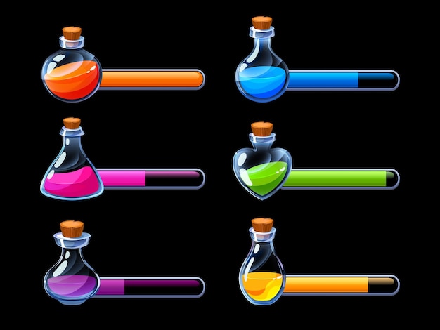 Barra de progreso de pociones Botellas de elixir de vida Activo de GUI Contenedor de envenenamiento de dibujos animados Recurso de energía de salud para el menú de videojuegos móviles Conjunto de vectores