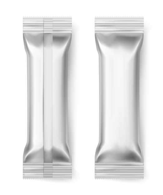 Barras de aluminio. Paquete sellado de aluminio en blanco de la envoltura del paquete de la comida del postre de la galleta del caramelo del chocolate, 3d realista