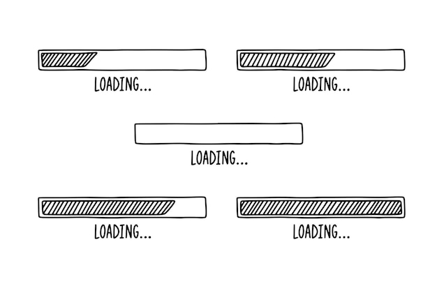 Barras de carga dibujadas a mano establecer barras de garabatos de contorno con diferentes porcentajes carga vectorial de dibujos animados