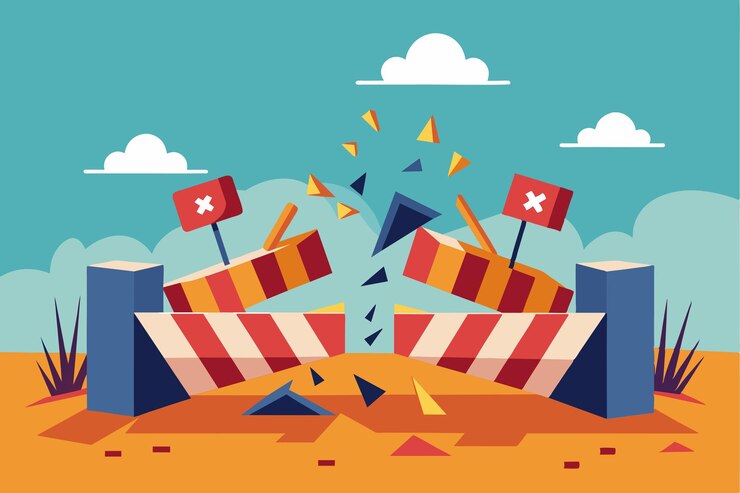Vector las barreras coloridas se rompen bajo un cielo azul claro que simboliza el tema de romper las limitaciones y abrazar la creatividad