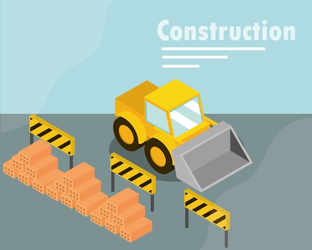 Barreras de excavadora de construcción y pila de ladrillos ilustración isométrica