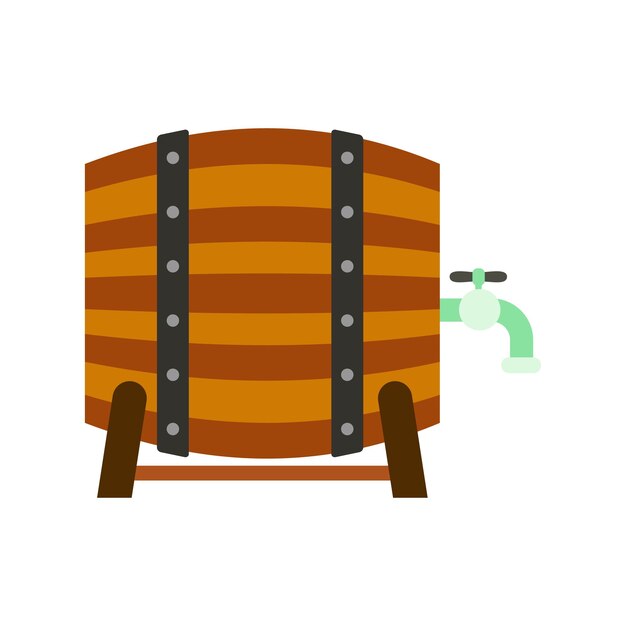 Barril de cerveza de madera con un icono de grifo en estilo plano aislado sobre fondo blanco