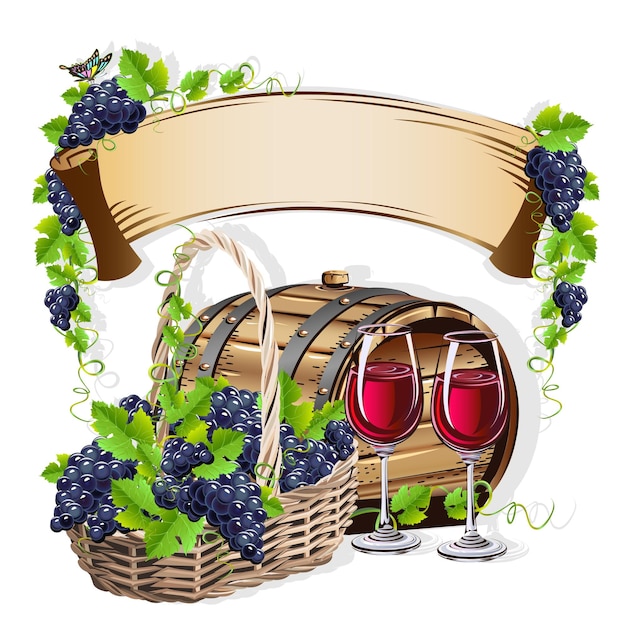 Barril, cesta de uvas y copa de vino.