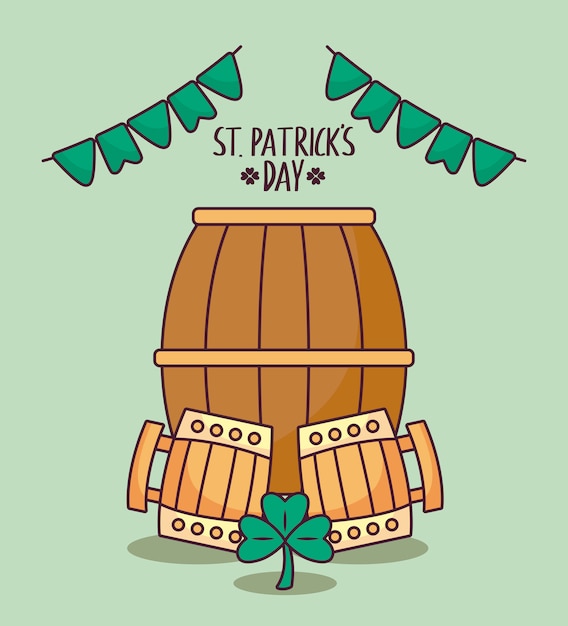 Barril con jarras de madera cervezas del día de san patricio.