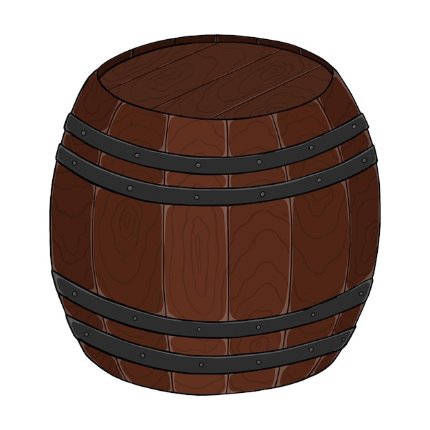 Vector barril de madera para almacenamiento y transporte de bebidas alcohólicas granos de dibujos animados lineales de garabatos de pólvora