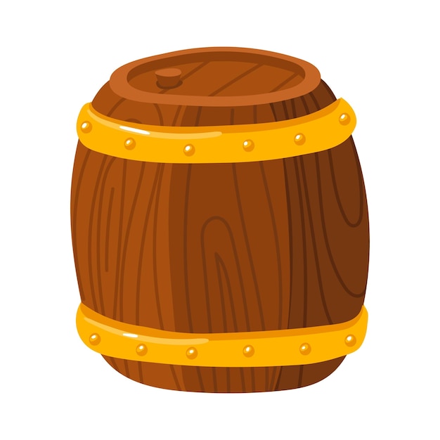 Un barril de madera con anillos de oro está aislado Una imagen vectorial de un recipiente sobre un fondo blanco