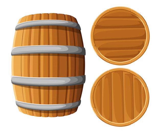 Vector barril de madera con aros de hierro. sobre fondo blanco. barril de cerveza de madera. menú de pub y bar, etiqueta de bebida alcohólica, símbolo de cervecería