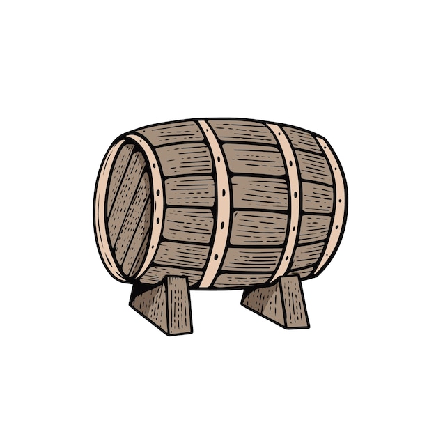 Barril de madera de cerveza dibujado a mano ilustración de arte vectorial de estilo grabado.