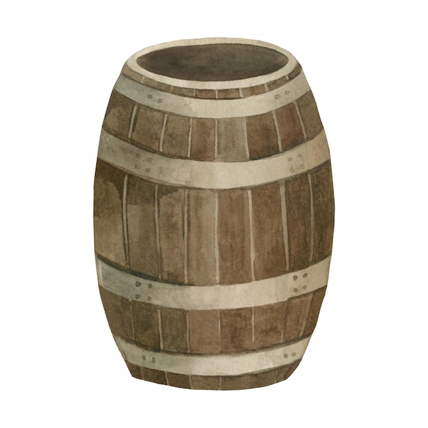 Barril de madera dibujado a mano con acuarela en fondo blanco Barril para almacenar whisky de vino y cerveza para
