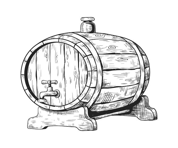 Barril de madera dibujado a mano con cerveza barril redondo con grifo y tapón almacenamiento de líquidos para pub y cervecería o bodega contenedor tradicional de roble dibujo retro vector ilustración detallada