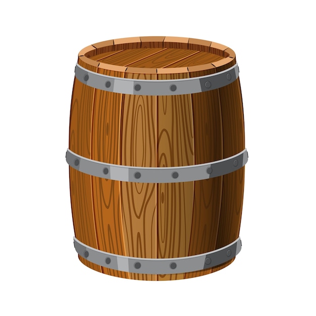 Barril de madera con rayas metálicas para bebidas alcohólicas, vino, ron, cerveza o tesoros Vector Cartoon