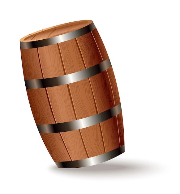 Barril de madera realista. Barril de roble aislado con cuerpo de madera con anillos de hierro sobre fondo blanco. Barril realista de vector para whisky, ron, coñac, vino, cerveza, kvas u otras bebidas