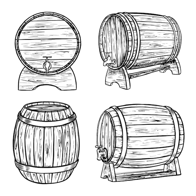 Barril de madera vectorial Ilustración vintage dibujada a mano en estilo grabado