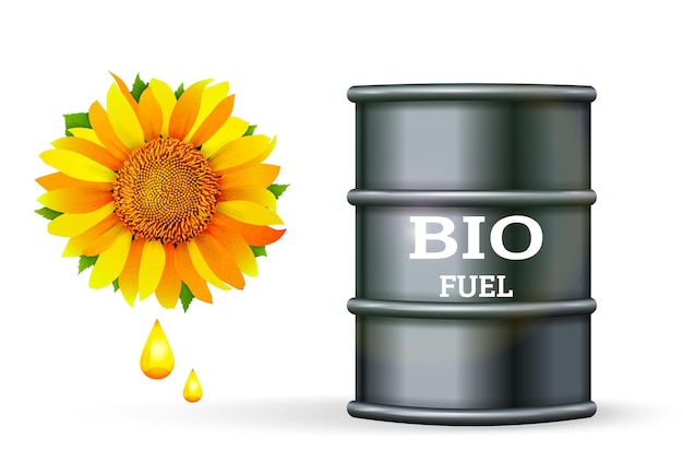 Barril de metal con biocombustible y gota de aceite de girasol sobre fondo blanco vector Concepto de plantas de biocombustibles