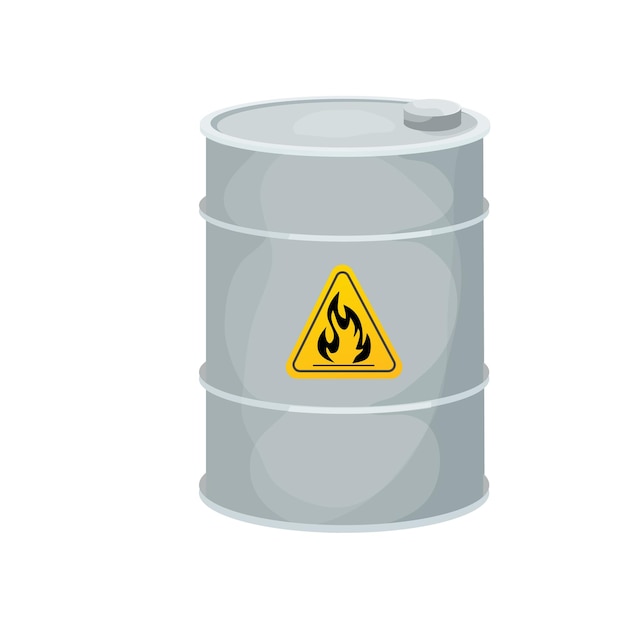 Barril de metal gris inflamable, signo peligroso en estilo de dibujos animados aislado sobre fondo blanco.