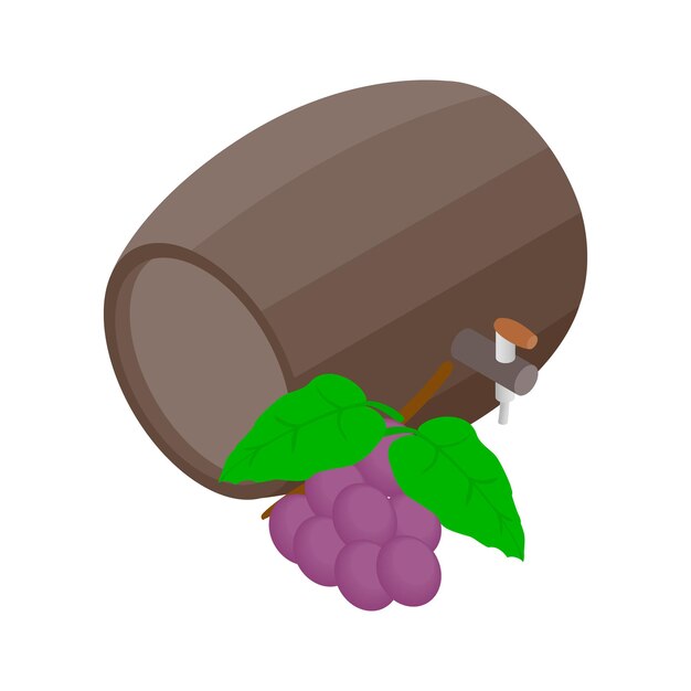 Vector barril de vino con icono de rama de uva en estilo isométrico 3d sobre un fondo blanco