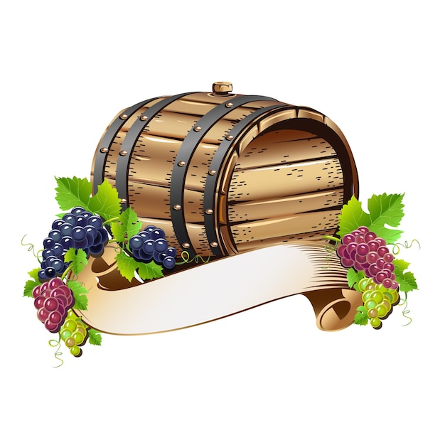 Barril de vino y racimos de uvas