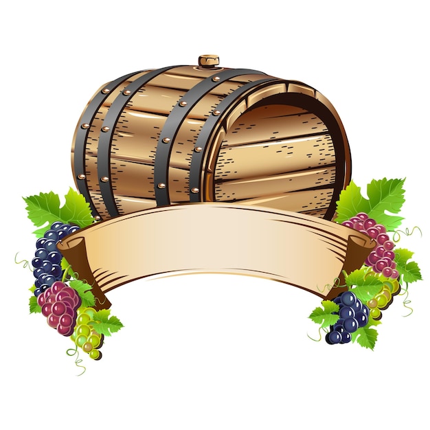 Barril de vino y racimos de uvas