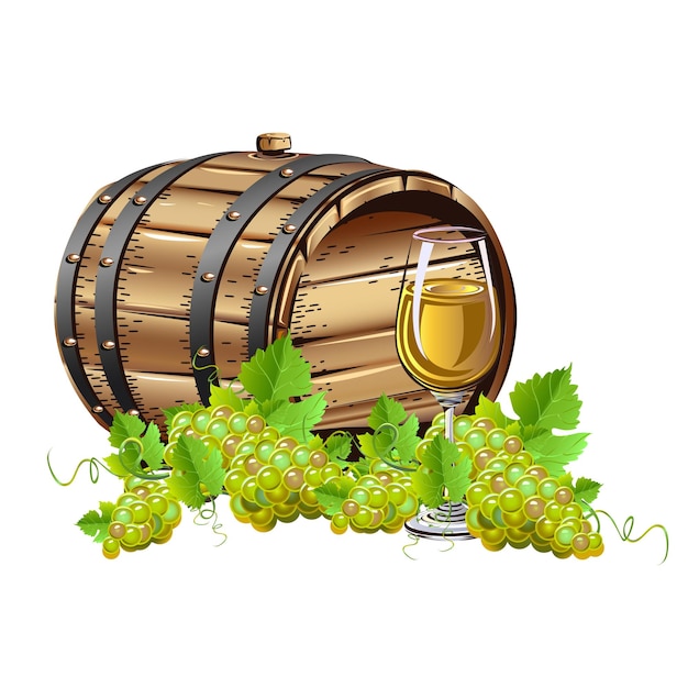 Barril de vino y racimos de uvas