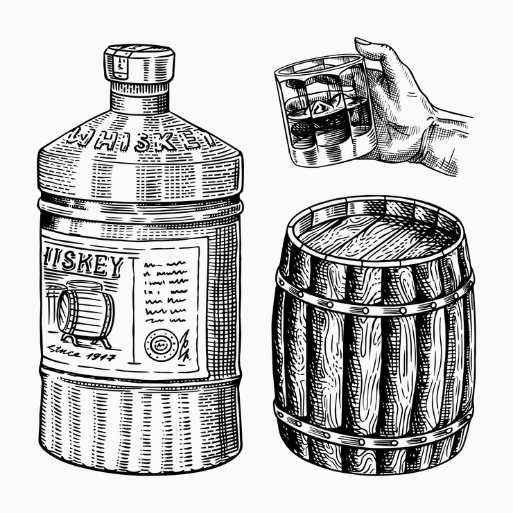 Vector barril de whisky vintage botella de vidrio para whisky bourbon en mano para brindis de salud bebida alcohólica fuerte barril de madera dibujo grabado a mano para afiche insignia símbolos americanos