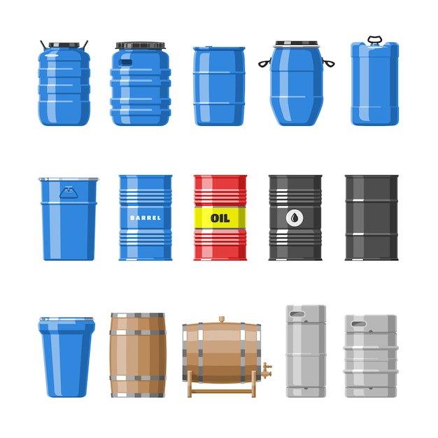 Barriles de aceite de barril con combustible y vino o cerveza en barriles de madera ilustración barriles de alcohol en contenedores o conjunto de almacenamiento aislado sobre fondo blanco.