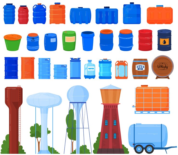 Vector barriles, tanques, reservorios y recipientes para líquido conjunto de ilustraciones aisladas.