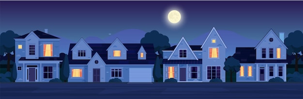 Barrio urbano o suburbano de noche con propiedad inmobiliaria, casas con luces. paisaje de dibujos animados con cabañas suburbanas, luna y estrellas en el cielo oscuro. ilustración de vector de estilo plano