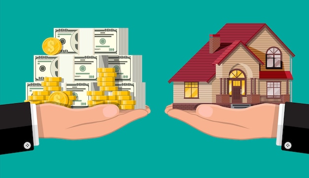 Básculas de mano con casa particular y dinero. Comprar una casa. Bienes raíces. Casa de madera suburbana, pilas de dólares y monedas de oro.
